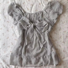 Cyflymder French Design All Match Striped Temperament Women Clothes Fashion Front Cross Bow Summer Slim T Shirts Y2k Aesthetic Punk Tops