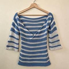 Cyflymder Women Blue White Striped Knit Top Off‑Shoulder Wrap V‑Neck Sleeve Slim‑Fit Y2K Retro Casual Knitted Blouse Autumn Ladies Tops