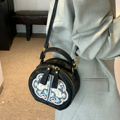 Cyflymder Fashion Embroidered Women Crossbody Bag, Vintage Pattern PU Round Handbags, New Elegant Versatile Daily Shoulder Bags for Women