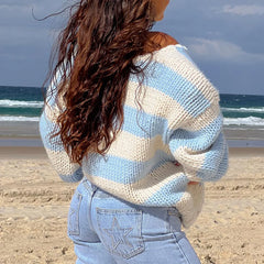 Cyflymder Women Striped Chunky Knitted Sweater Drop Shoulder Long Sleeve V-Neck Oversized Sweater Pullover Vintage Loose Knit Jumper Tops