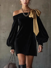 Cyflymder Elegant Off Shoulder Bow Dress Woman Sexy Elegant Temperament Slim Dress Vintage Long Sleeve Spring Autumn Mini Dress 2026