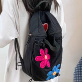 Cyflymder Patchwork Flower Heart Embroidery Backpacks Outdoor Sports Casual Travel Bags for Women Vintage Y2k Aesthetic Preppy Schoolbags