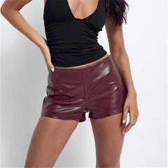 Cyflymder Women Retro Low Waist Faux Leather Mini Shorts Solid Color Slim Skinny PU Short Pants Side Zipper Casual Daily Street Bottoms