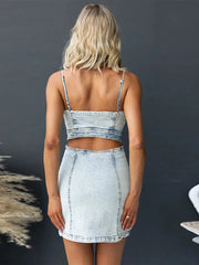 Cyflymder Washed Denim Bodycon Slip Mini Dress Women Sexy Sleeveless Strapless Waist Cinching Hip Package Dresses Retro Ladies Partywear