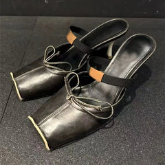 Cyflymder Sheepskin Version Summer New Square Toe Bow One Strap Sandals Women Genuine Leather Korean Thin Heel Closed Toe Dress Footwear