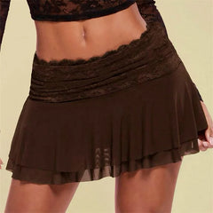 Cyflymder Y2k Lace Vintage Brown Mini Skirt Women Flowy Pleated Ruffle Ballet Short Skirt Coquette Low Rise A Line Micro Lingerie Skirts