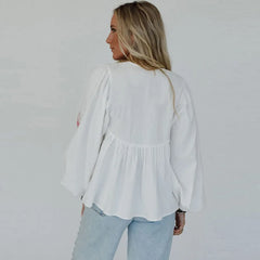 Cyflymder White Lovely Blouses Shirts Women Puff Long Sleeve Floral Embroidery Pullover Top Autumn Blouse Boho Beach Blusas Ladies Tops