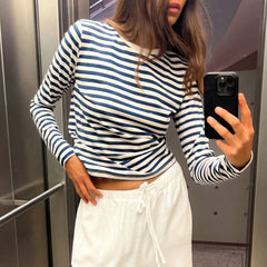 Cyflymder Women Striped Long Sleeve Crop Top Fall Casual Basic Tee Going Out Fitted Crew Neck Pullover Tight Shirts Streetwear