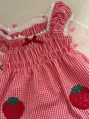 Cyflymder Cute Strawberry Plaid Crop Tops Women Sweet Kawaii Puff Sleeve Lace Bow Blouse New Japanese Style Strawberry Fairy Shirt