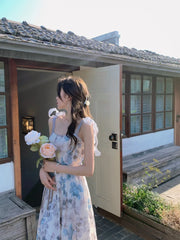 Cyflymder Elegant Strap Floral Midi Dress Women Vintage Sweet Print Princess Boho Blue Dress Classy Party Holiday Fairy Dress Summer