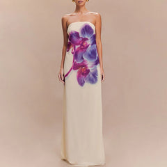 Cyflymder Spring Fashion Flower Print Women Long Dress Sexy Strapless Backless Hollow Evening Dress Summer Off Shoulder Holiday Maxi Dress