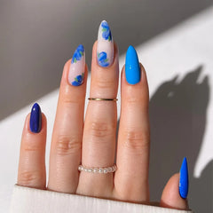 Cyflymder 24Pcs Purple French Fake Nails Press on Mid-length Almond False Nail with White Irregular Graffiti Wearable Ful Cover Nails Tips