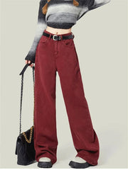 Cyflymder Women's Street Style Wide Leg Red Jeans American Vintage Casual Denim Trousers Female High Waist Loose Straight Pants