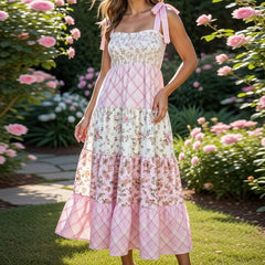 Cyflymder Women Floral Plaid Tiered Maxi Dress Tie-Shoulder Smocked Bust A-Line Dress Cottage Coquette Wedding Guest Outfit