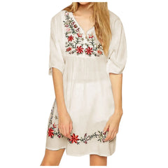 Cyflymder Ethnic Style Floral Embroidered Summer Dress Women's Half Sleeve Sheer Thin V-Neck Short Dress Fashion Casual Bohemian Dress
