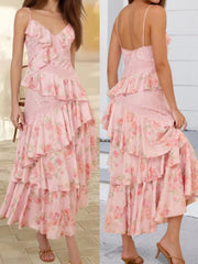 Cyflymder Women s Boho Chic Maxi Dress with Off-Shoulder Ruffle Detail and Floral Print Sleeveless Spaghetti Strap V-Neck Backless