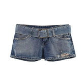 Cyflymder Summer Vintage Belt Design America Shorts Y2k Aesthetic Fashion High Street Hole Short Pant Harajuku Stright Jean Trousers