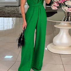 Cyflymder Elegant O-neck Cross Draped Long Jumpsuit Women Casual Sleeveless Solid Color Office Romper Fashion Hight Waist Commute Playsuit