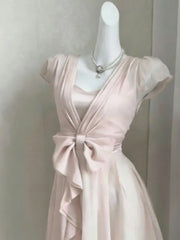 Cyflymder Short Sleeve Waist Bow Dress Pink Short Fairy Dress