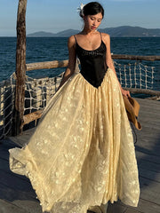 Cyflymder Patchwork Jacquard Split Dress Women Bow Lace-Up Mesh Low Chest Fairycore Birthday Beach Vocation Skinny Long Bodycon