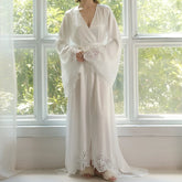 Cyflymder Women's High-end Elegant French Romantic Nightgown with Satin Lace Decoration Long Trailing Bell Sleeves Home Robe