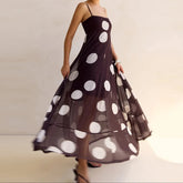 Cyflymder Retro Polka Dot Maxi Dress Elegant Lady Spaghetti Strap Flowy Dresses for Women Summer Vacation Brunch Outfits