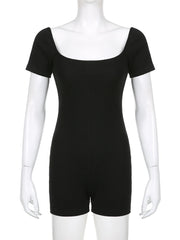 Cyflymder Sporty Activewear Basic Solid Playsuits Sexy Slim Square Collar Short Sleeve Rompers Women Summer Fashion Streetwear