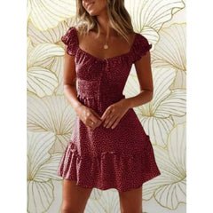 Cyflymder Women's Fashionable Ruffle Sleeve Mini Dress With Sweetheart Neckline And Summer Print