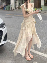 Cyflymder Fairy Floral Chiffon Sling Dress Women Summer Flying Sleeve Ruffle Waist Irregular Long Dresses Sweet Print Beach Robe