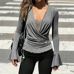 Cyflymder Temperament French High Street Sexy Deep V Neck Long Sleeve Shirt Fashion Cross Pleated Design Lazy Fake 2 Piece Y2k Elegant Top
