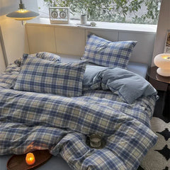 Cyflymder Nordic Plaid Bedding Set Washed Cotton Linen Duvet Cover Flat Sheet Pillowcase Soft Comfort Home Hotel Chic Classic Boys Girls