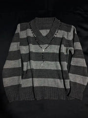 Cyflymder Women's Y2K check V-neck knitted sweater with long sleeves featuring retro mood style high street gothic aesthetic casual wear