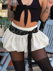 Cyflymder Holiday Dot Printed A-Line Skirts Sweet Slim Lace Bandage Mid-Waisted Mini Skirts Women Summer Fashion Streetwear