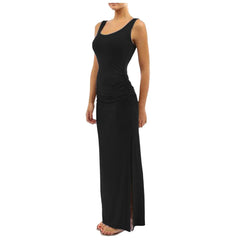 Cyflymder Floor Length Evening Party Dress Women Elegant Sleeveless V-Neck Side Split Long Dress Bodycon Sexy Pleated Backless Prom Dress