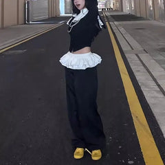 Cyflymder Y2K Splicing Lace Black Vintage Skirt Pants Women Kawaii Patchwork Harajuku Wide Leg Baggy Sweatpants Korean Fashion Trousers