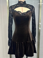 Cyflymder Spring Autumn Long Sleeve Elegant Velvet Lace Mini Dress Women's Clothing Casual Party Work Evening Office Lady Dresses
