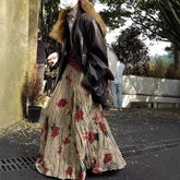 Cyflymder Women's Clothing High-end Retro Blurred Rose Full Skirt High Waist Draped Pleated A-line Pleated Skirt Printed Half Skirt