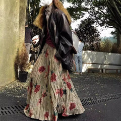 Cyflymder Women's Clothing High-end Retro Blurred Rose Full Skirt High Waist Draped Pleated A-line Pleated Skirt Printed Half Skirt