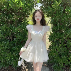 Cyflymder Women's Bow Gentle Style Short-sleeved New Temperament Mesh Dress