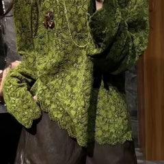 Cyflymder Elegant Green Floral Crochet Shirt Women Spring Autumn Vintage Lace Blouse Office Lady O-Neck Long Sleeved Loose Boho Top 855A