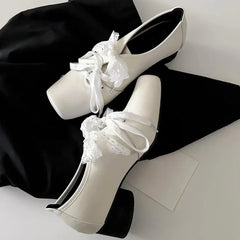 Cyflymder French Style Low Heel Mary Jane Shoes for Women Fashion Faux Suede Lolita Square Toe Lace Up Chunky Heel Casual Designer Shoes