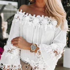 Cyflymder Floral Embroidery Summer Dress Women Lace White Boho Dress Off Shoulder Strapless Low Back Flare Long Sleeve Casual Short Dress