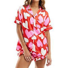 Cyflymder Womens Heart Pajama Set Y2k Cute Bow Button-down Shirt + Pjs Shorts 2 Pcs Valentines Day Sleepwear Lounge Matching Set