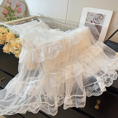 Cyflymder Fairy Lace Spliced Mesh Layered Cake Skirt Women 2025 Spring High Waist Folds A-line Long Skirts Sweet Beach Clothing