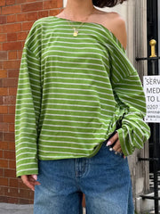 Cyflymder Color Block Striped Off-shoulder Women Tops Skew Collar Long Sleeve Loose Fashion Casual T-shirts Streetwear Summer Tees
