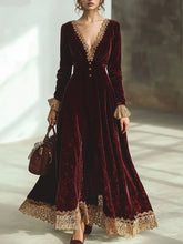 Cyflymder Autumn Women Dress Vintage Pleated V Neck Long Sleeve Velvet Lady Maxi Dress Solid Color Lace Stitching Slim Fit Female Dresses