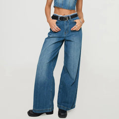 Cyflymder Women's Spring Summer Jeans with Pockets Fashion Loose Fit Casual Solid Low Rise Wide Leg Denim Pants Vintage Streetwear