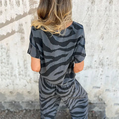 Cyflymder Fashion Zebra Print 2 Piece Sets Women Summer Holiday Beachwear Short Sleeve V-Neck Top with Pockets Wide Leg Pants