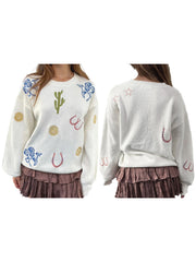 Cyflymder Women s Winter Cozy Sweater Floral Embroidery Long Sleeve V-Neck Knitwear Pullover with Pom Pom Detail