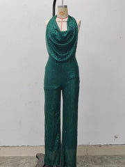 Cyflymder Elegant Sequin Fabric Women Deep V-Neck Wide Leg Jumpsuit Halterneck Sleeveless Fashion Sparkly Party Evening Clubwear Jumpsuit